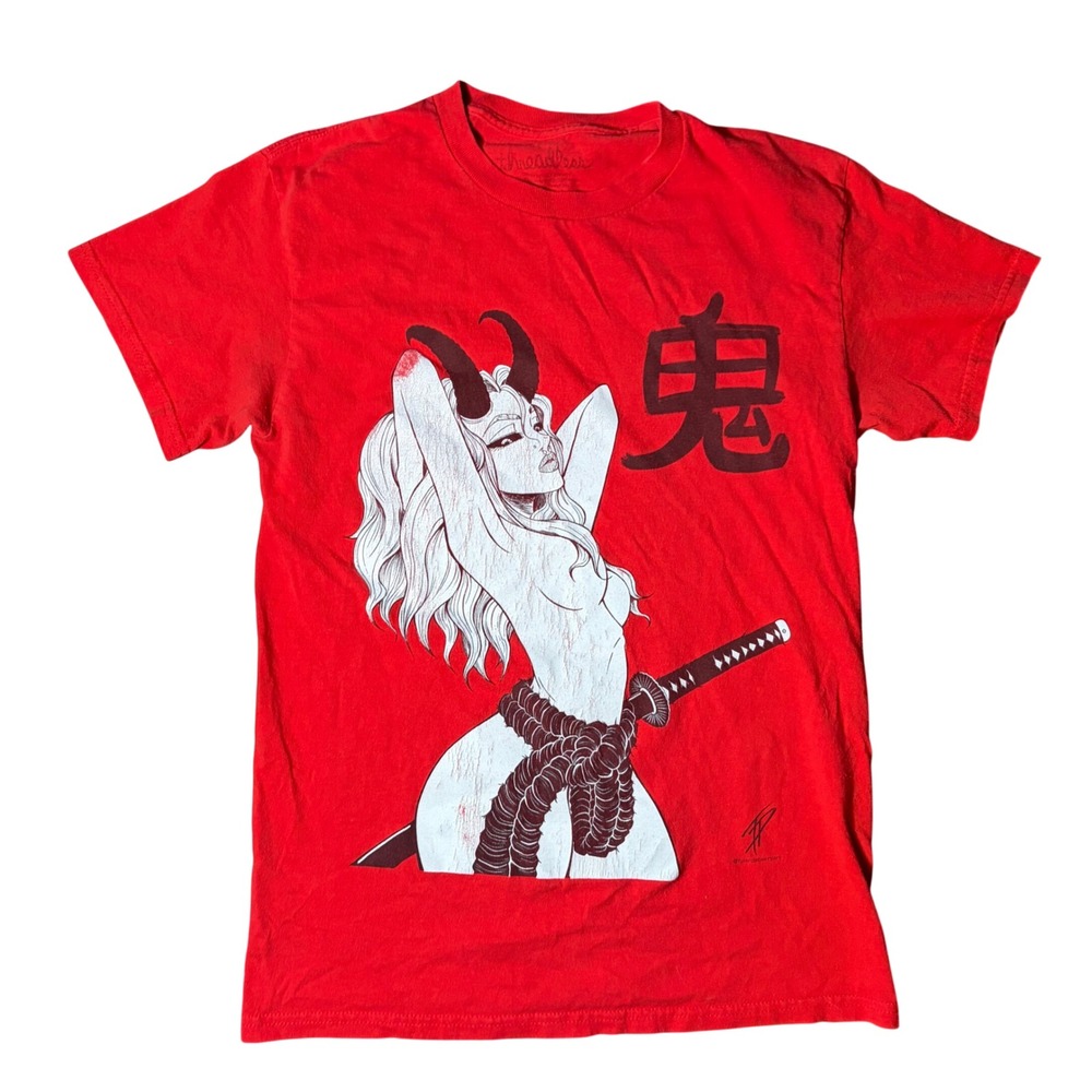 Y2K Grunge Red Oni Girl Katana Graphic Tee Shirt Kanji Anime Streetwear Small